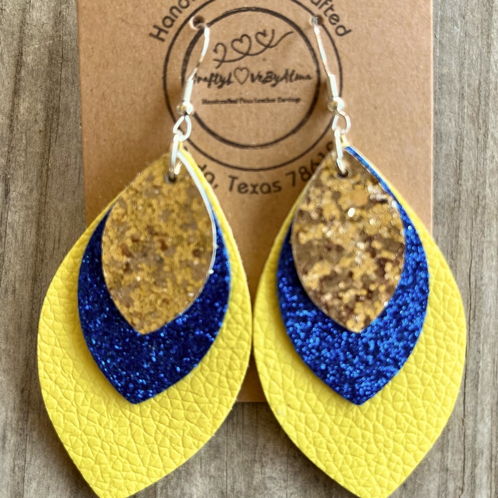 Beautiful Yellow, Blue & Gold Chunky Glitter Layers Faux Leather Earrings